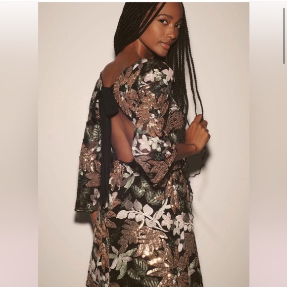 BNWT Anthropologie V-Neck Floral Embroidered Sequin Mini Dress Black Motif - Picture 3 of 6